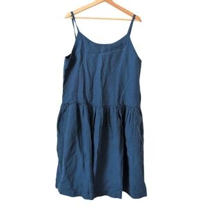 Len Ok Blue 100% Linen Midi Dress Pockets Womens XL Lagenlook Earthy Naturalist